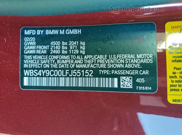 WBS4Y9C00LFJ55152 2020 BMW M4 Red VIN კოდის სტიკერის ხედი