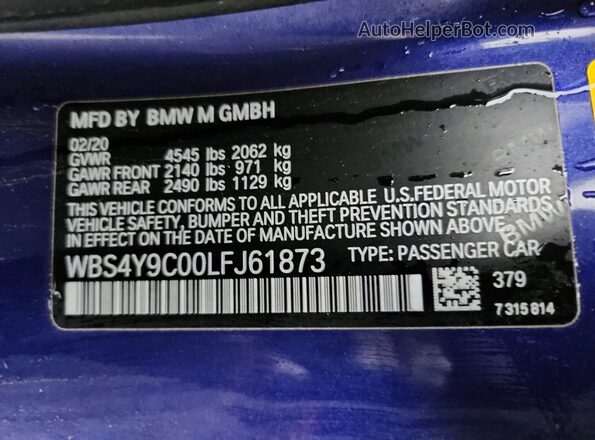 WBS4Y9C00LFJ61873 2020 BMW M4 Purple VIN կոդի պիտակի տեսք