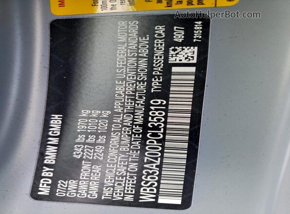 WBS63AZ00PCL35819 2023 BMW M4 Серебряный Вид наклейки с VIN-кодом