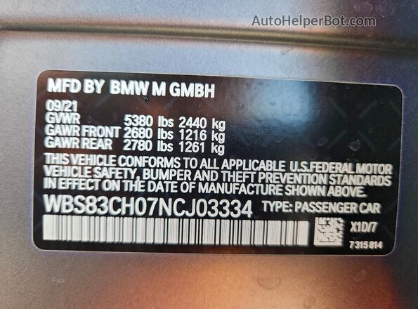 WBS83CH07NCJ03334 2022 BMW M5 Silver Widok naklejki z numerem VIN
