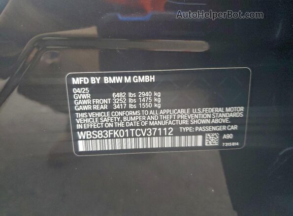 WBS83FK01TCV37112 2026 BMW M5 Charcoal VIN sticker view