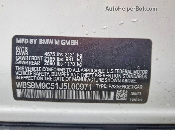 WBS8M9C51J5L00971 2018 BMW M3 White Vista de la etiqueta del VIN