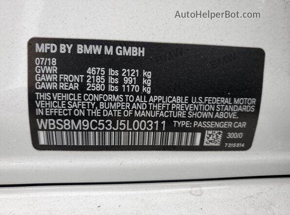 WBS8M9C53J5L00311 2018 BMW M3 White 
