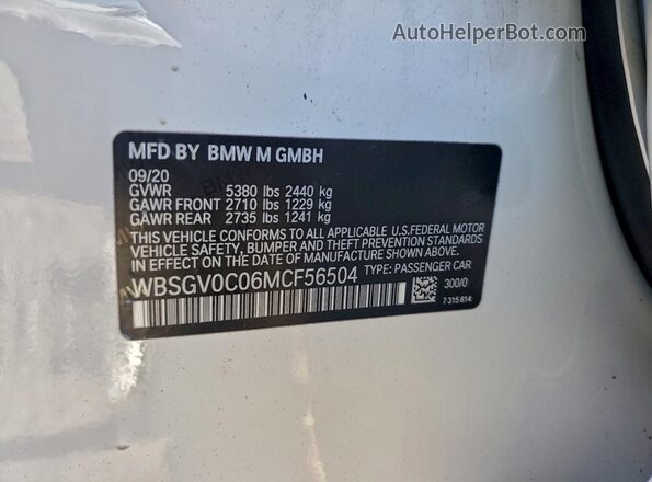 WBSGV0C06MCF56504 2021 BMW M8 White Вид наклейки з VIN-кодом