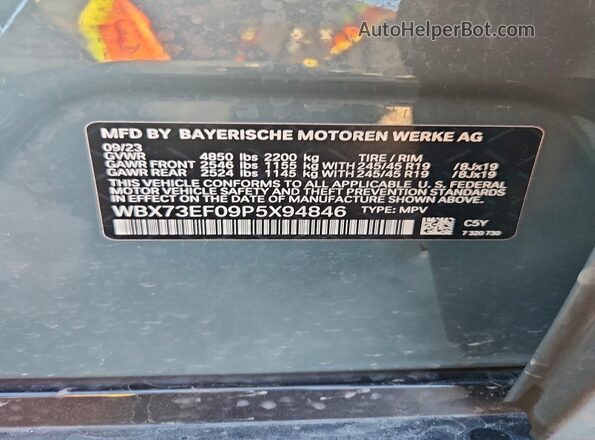 WBX73EF09P5X94846 2023 BMW X1 Blue VIN კოდის სტიკერის ხედი