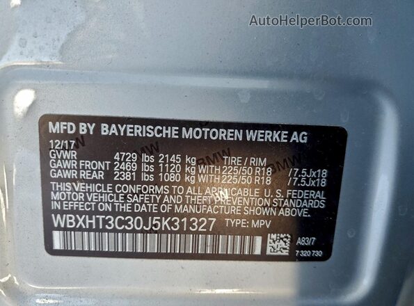 WBXHT3C30J5K31327 2018 BMW X1 Silver Vista de la etiqueta del VIN
