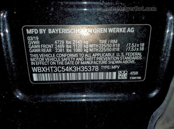 WBXHT3C54K3H35378 2019 BMW X1 Black 