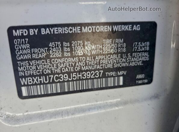 WBXHU7C39J5H39237 2018 BMW X1 White Widok naklejki z numerem VIN