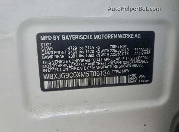 WBXJG9C0XM5T06134 2021 BMW X1 White VIN sticker view