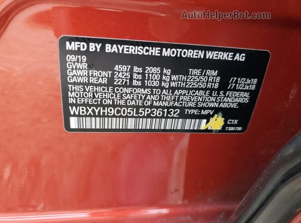 WBXYH9C05L5P36132 2020 BMW X2 Maroon Vista de la etiqueta del VIN