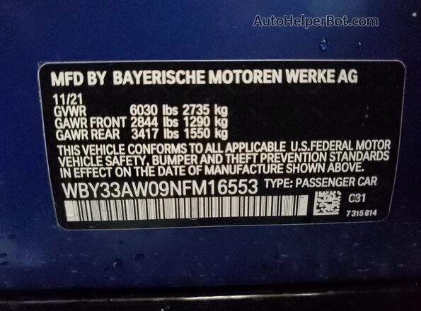 WBY33AW09NFM16553 2022 BMW I4 Blue ძრავის განყოფილების ხედი