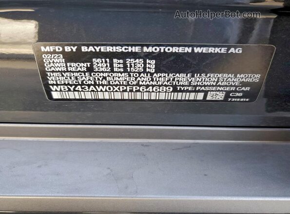 WBY43AW0XPFP64689 2023 BMW I4 Gray VIN კოდის სტიკერის ხედი