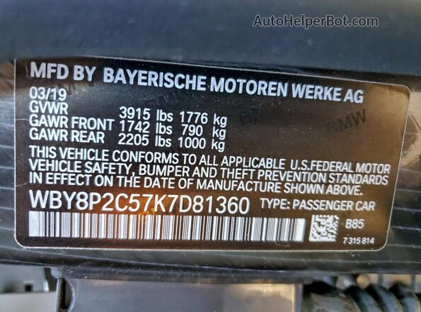 WBY8P2C57K7D81360 2019 BMW I3 White VIN კოდის სტიკერის ხედი