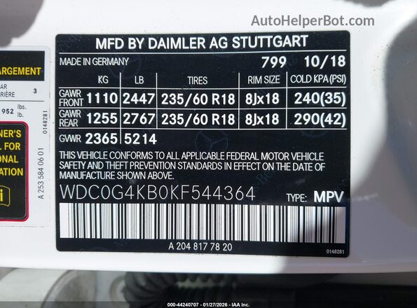 WDC0G4KB0KF544364 2019 MERCEDES-BENZ GLC 300 White Widok komory silnika