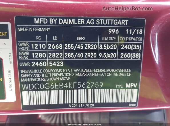 WDC0G6EB4KF562759 2019 MERCEDES-BENZ AMG GLC 43 Red Շարժիչի բաժամունքի տեսք