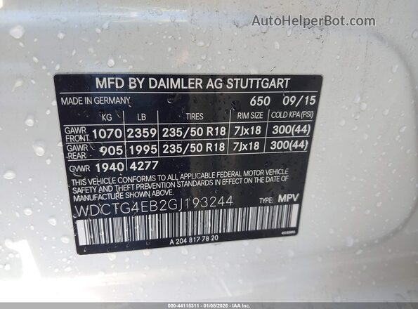 WDCTG4EB2GJ193244 2016 MERCEDES-BENZ GLA 250 White Vista del compartimento del motor