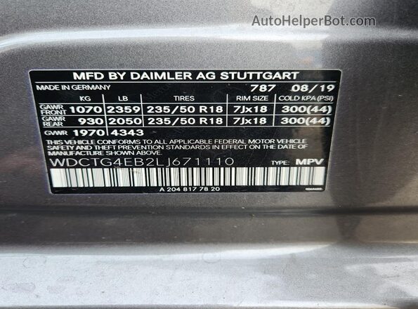 WDCTG4EB2LJ671110 2020 MERCEDES-BENZ GLA Gray ძრავის განყოფილების ხედი