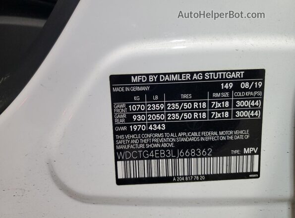 WDCTG4EB3LJ668362 2020 MERCEDES-BENZ GLA White Vista de la etiqueta del VIN