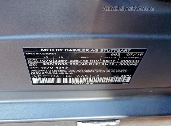 WDCTG4EB4LJ665194 2020 MERCEDES-BENZ GLA Gray Widok naklejki z numerem VIN