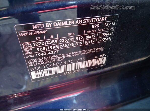 WDCTG4EB7HJ351305 2017 MERCEDES-BENZ GLA 250 Blue Вид підкапотного простору