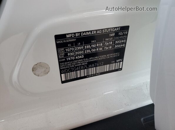 WDCTG4EB7LJ687612 2020 MERCEDES-BENZ GLA White Vista de la etiqueta del VIN