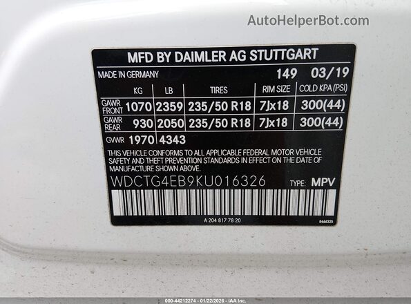 WDCTG4EB9KU016326 2019 MERCEDES-BENZ GLA 250 White Engine compartment view