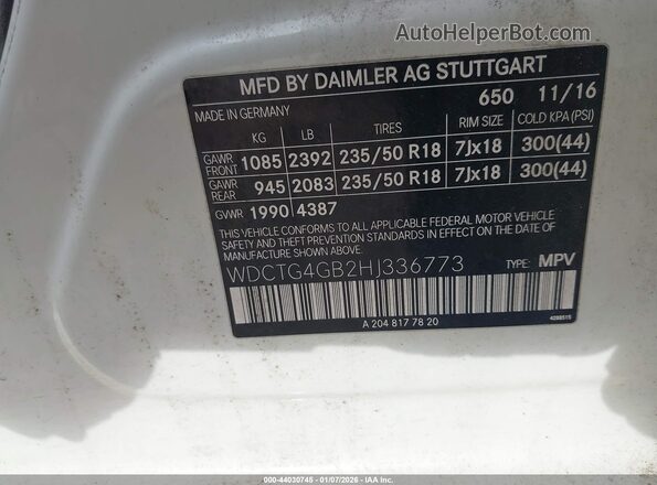 WDCTG4GB2HJ336773 2017 MERCEDES-BENZ GLA 250 White Widok komory silnika