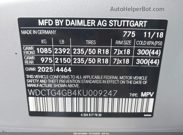 WDCTG4GB4KU009247 2019 MERCEDES-BENZ GLA 250 White ძრავის განყოფილების ხედი