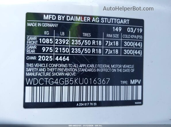 WDCTG4GB5KU016367 2019 MERCEDES-BENZ GLA 250 White Vista del compartimento del motor