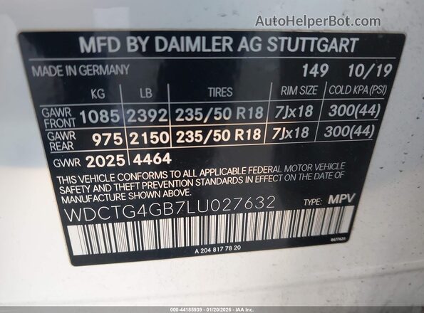 WDCTG4GB7LU027632 2020 MERCEDES-BENZ GLA 250 White Widok komory silnika