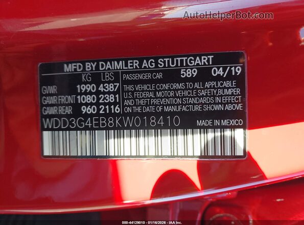 WDD3G4EB8KW018410 2019 MERCEDES-BENZ A 220 Red Vista del compartimento del motor