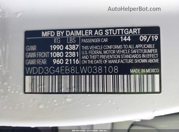 WDD3G4EB8LW038108 2020 MERCEDES-BENZ A 220 White Vista del compartimento del motor
