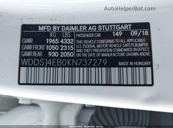 WDDSJ4EB0KN737279 2019 MERCEDES-BENZ CLA 250 White 