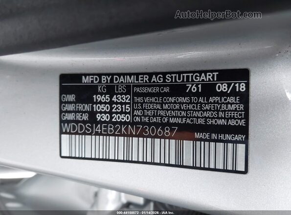WDDSJ4EB2KN730687 2019 MERCEDES-BENZ CLA 250 Silver 