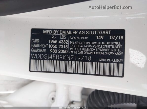 WDDSJ4EB9KN719718 2019 MERCEDES-BENZ CLA 250 White 
