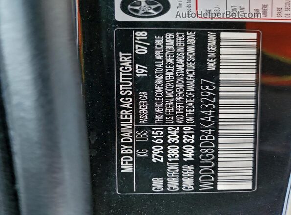 WDDUG8DB4KA432987 2019 MERCEDES-BENZ S Black VIN კოდის სტიკერის ხედი