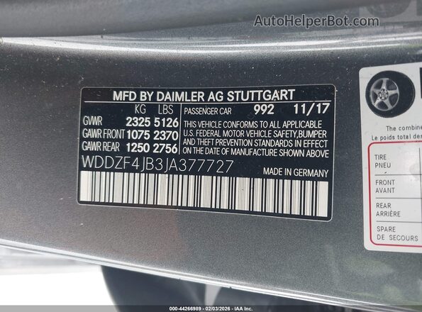WDDZF4JB3JA377727 2018 MERCEDES-BENZ E-CLASS Серый 