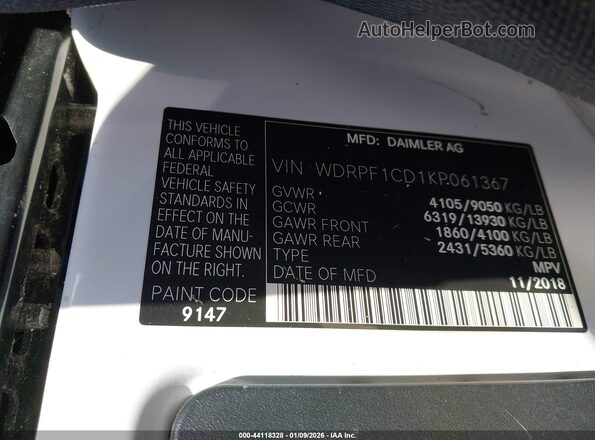 WDRPF1CD1KP061367 2019 FREIGHTLINER SPRINTER 2500 White Вид підкапотного простору