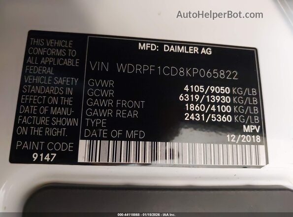 WDRPF1CD8KP065822 2019 FREIGHTLINER SPRINTER 2500 White Vista del compartimento del motor