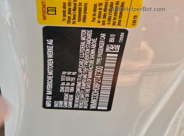 WMW33DH08P2T47300 2023 MINI COOPER White Widok naklejki z numerem VIN