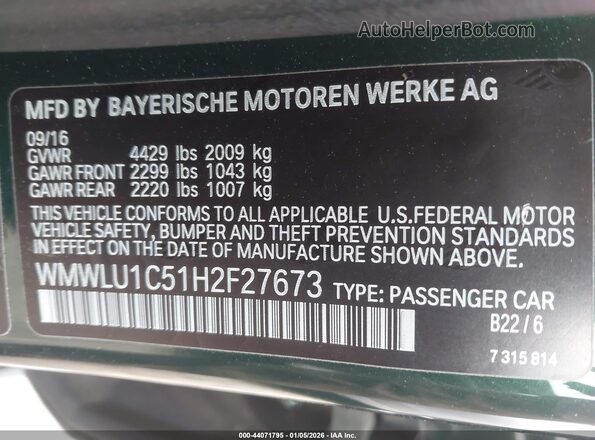 WMWLU1C51H2F27673 2017 MINI CLUBMAN Зеленый Вид подкапотного пространства