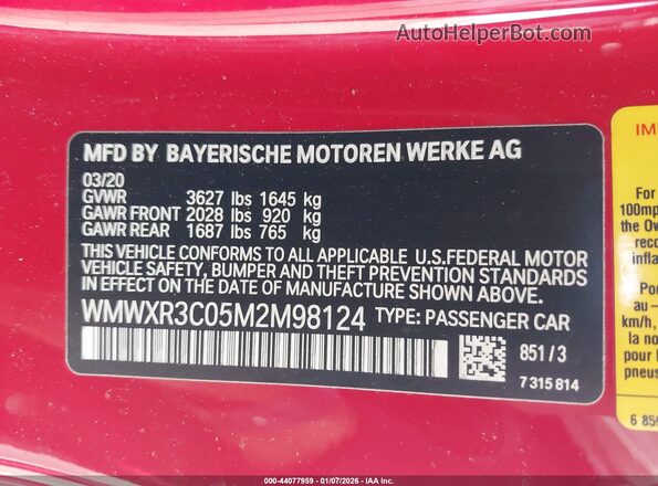 WMWXR3C05M2M98124 2021 MINI HARDTOP Red Vista del compartimento del motor