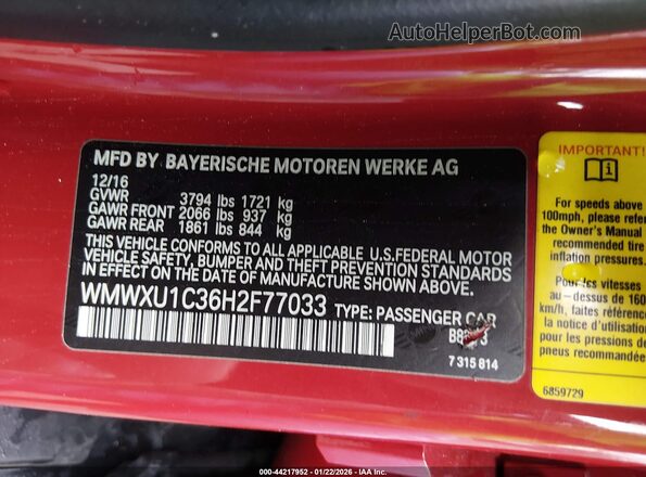 WMWXU1C36H2F77033 2017 MINI HARDTOP Red 