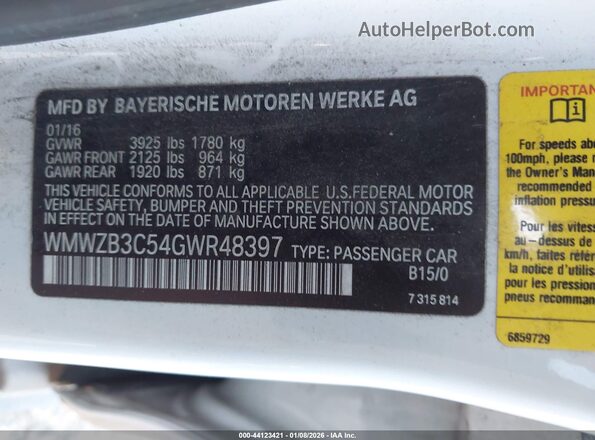 WMWZB3C54GWR48397 2016 MINI COUNTRYMAN White Vista del compartimento del motor