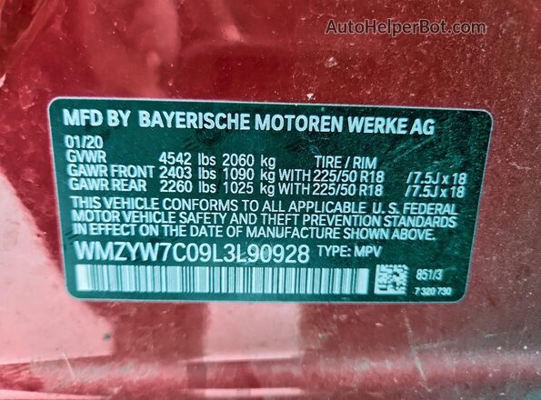 WMZYW7C09L3L90928 2020 MINI COOPER Red Vista de la etiqueta del VIN