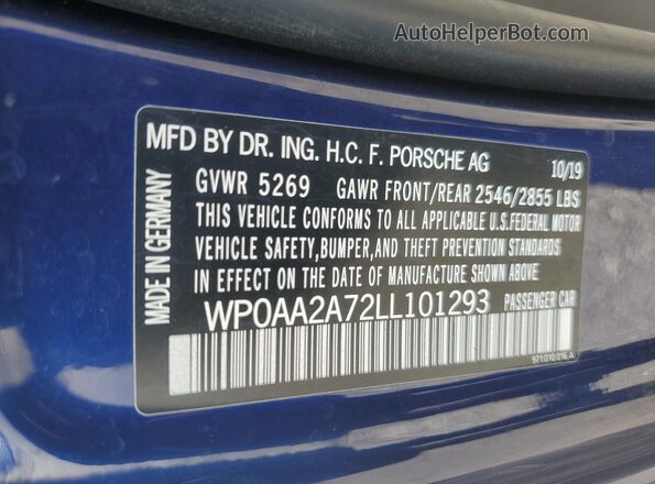 WP0AA2A72LL101293 2020 PORSCHE PANAMERA Blue Vista del compartimento del motor