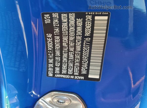 WP0AA2A90SS207716 2025 PORSCHE 911 Blue VIN კოდის სტიკერის ხედი