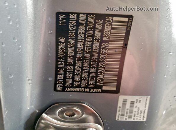 WP0AA2A92LS205578 2020 PORSCHE 911 Silver Widok naklejki z numerem VIN