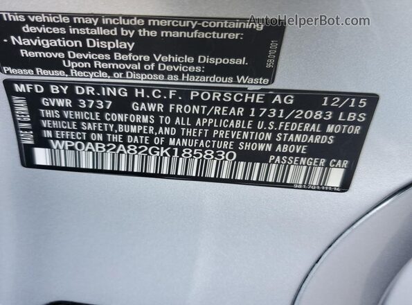 WP0AB2A82GK185830 2016 PORSCHE CAYMAN Silver Շարժիչի բաժամունքի տեսք