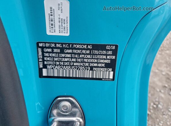 WP0AB2A88JS278519 2018 PORSCHE CAYMAN Синий Вид подкапотного пространства